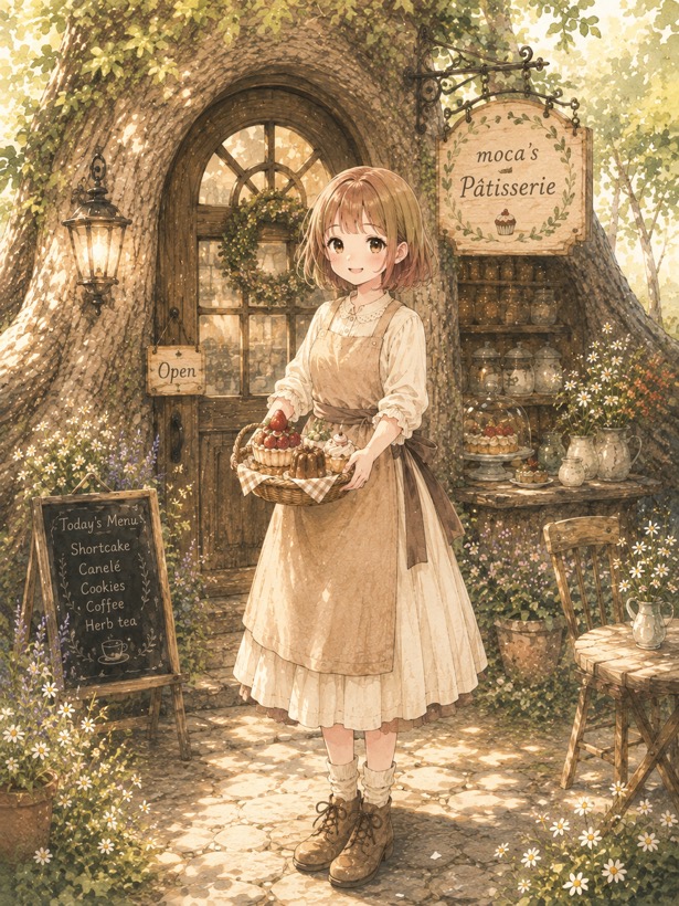 パティスリーの前で、お菓子のかごを持つmoca
